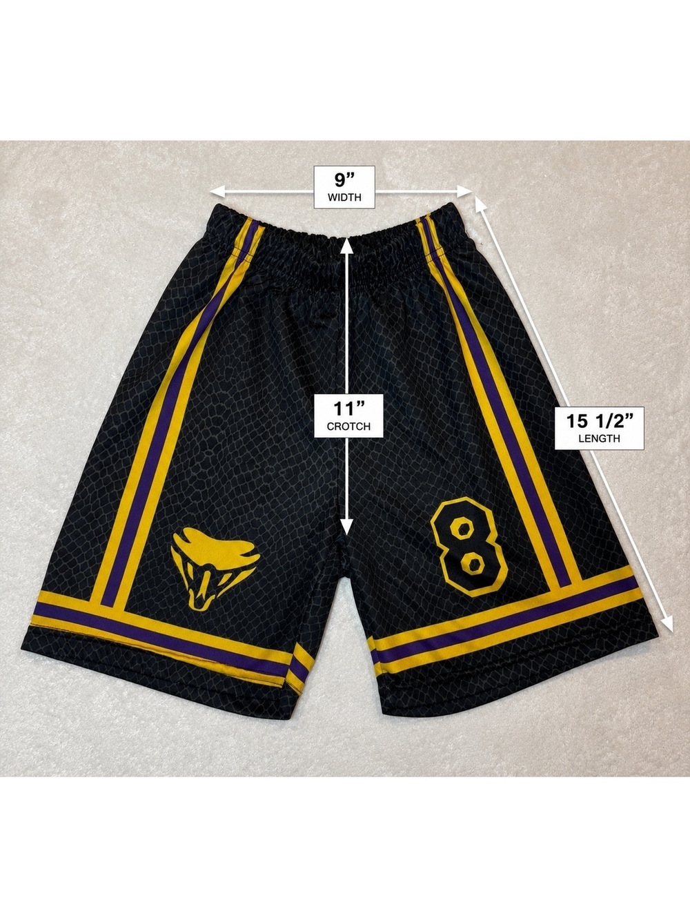 Youth Basketball Shorts Black Purple Gold #8 Snake Logo Athletic 9” Waist - Picture 6 of 6